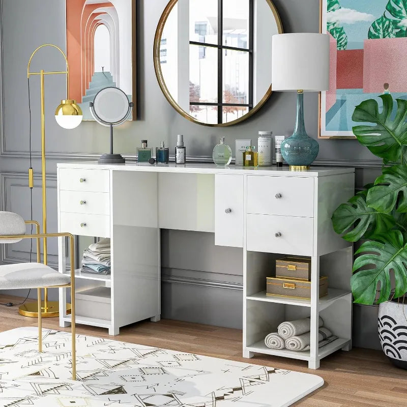 Modern Wood 6 Drawers Makeup Vanity Table with 4 Open Shelves