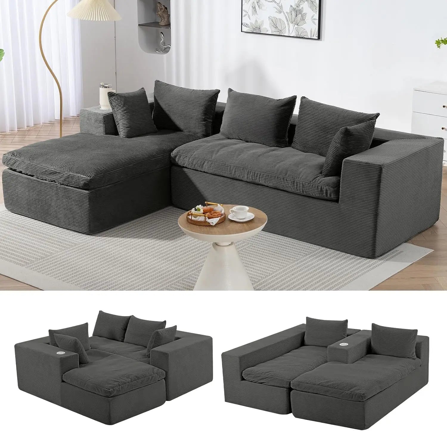 107'' Cloud Modular Sectional Sof,w/Chaise & Cup Holder