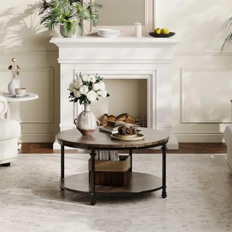 Round Coffee Table 30.3 with 2Tier Rustic Wood Desktop and Hidden Storage Shelf Modern Metal Roman Legs Design for Living Room