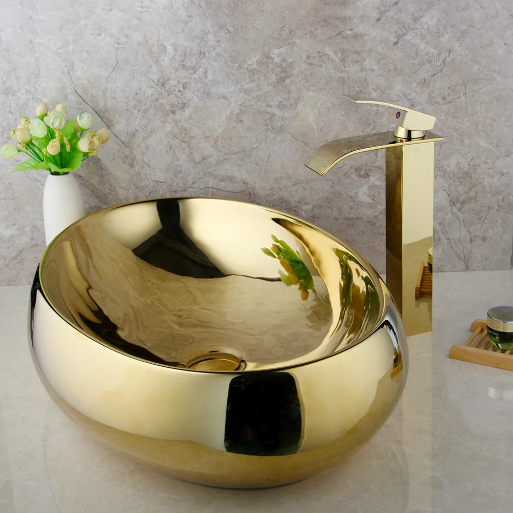 Gold Ceramic Bathroom Vessel Sink  Sink Bowl w/ Waterfall Faucet and Drain Combo