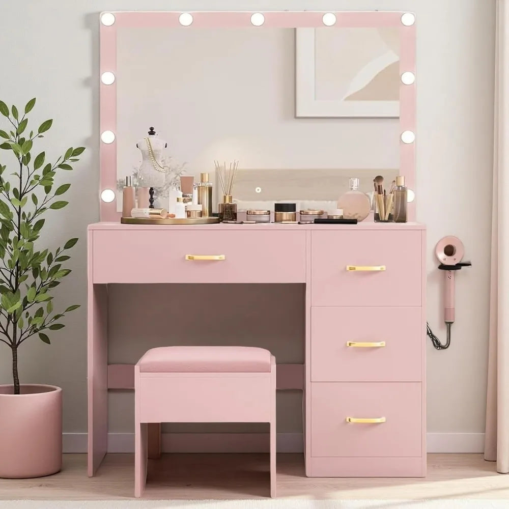 Large Makeup Vanity Desk with Mirror, LED Lights, Power Outlet, 4 Drawers, and Cushioned Stool