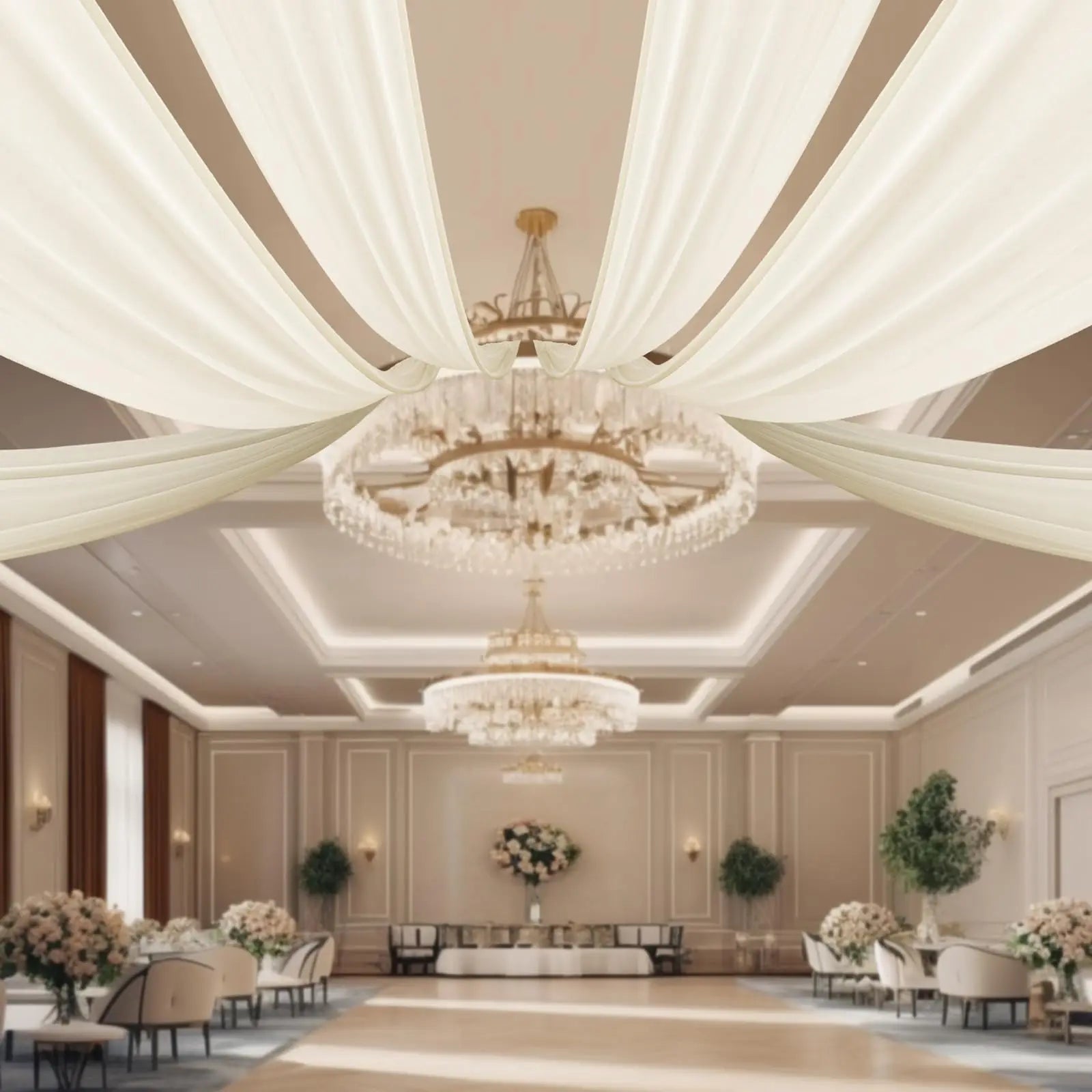 6 Panels Beige Ceiling Drapes, 5 ft X 30 ft Chiffon Draping