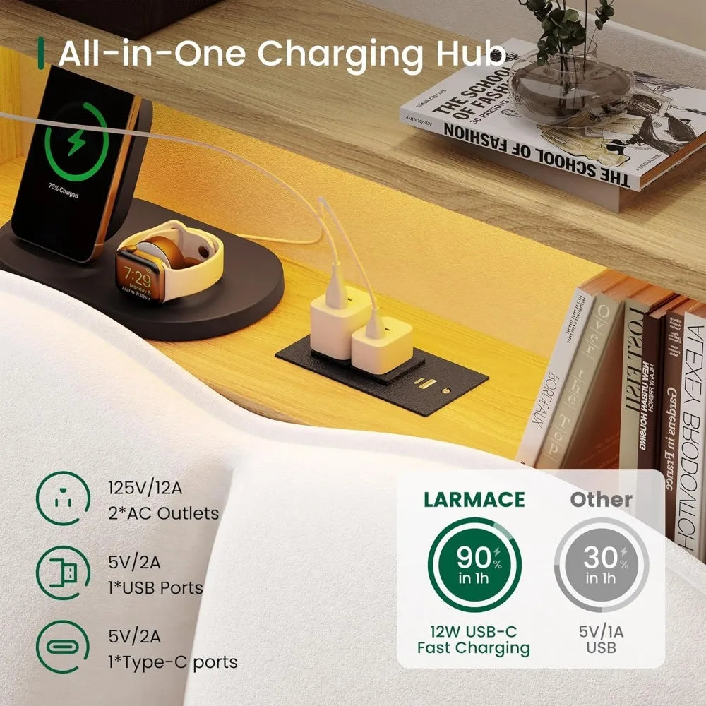 Velvet Upholstered  Bed Frame with LED Lights and Charging Station