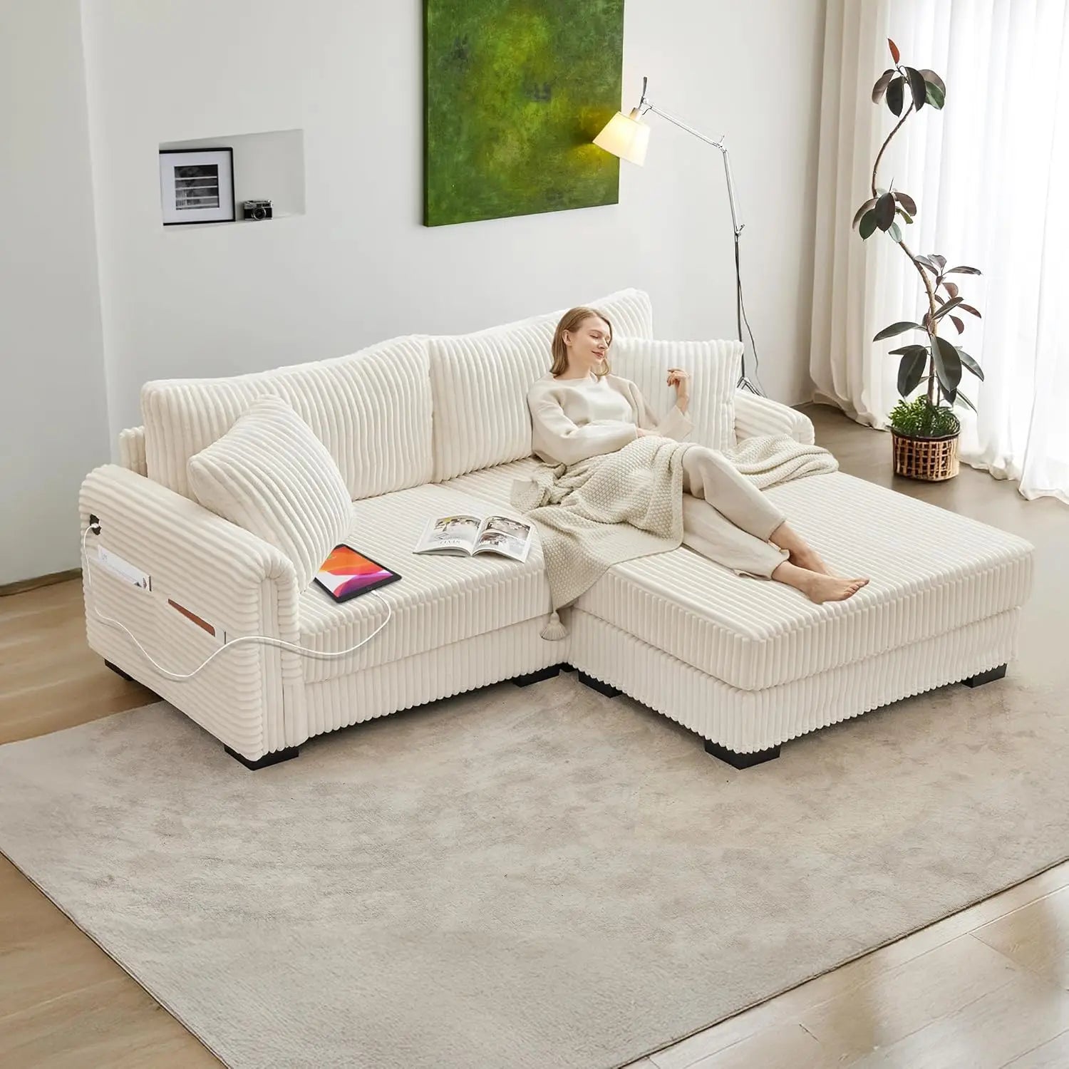 L-Shaped Couch with Convertible Chaise w/USB Charging Port, Side Pocket