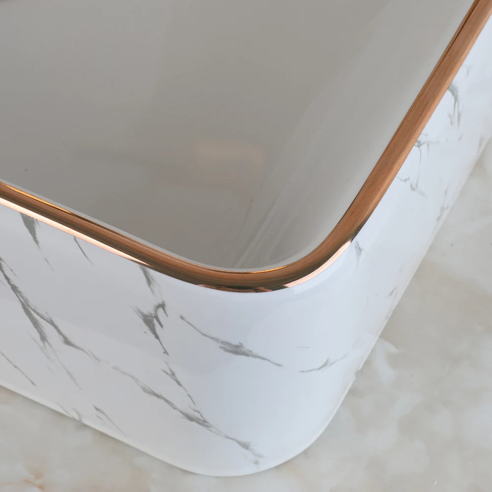 White Marbled Rectangular Ceramic Bathroom Vessel Sink with Gold Faucet