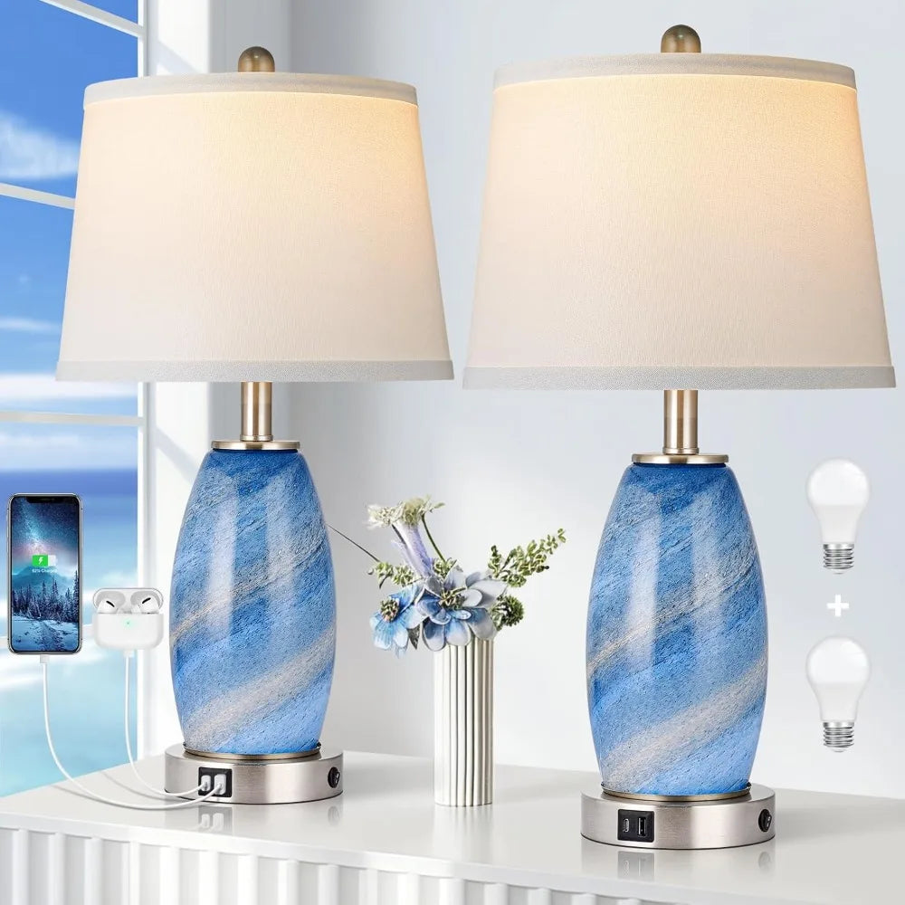Customizable-Blue Glass Nightstand Lamps (Set Of 2)