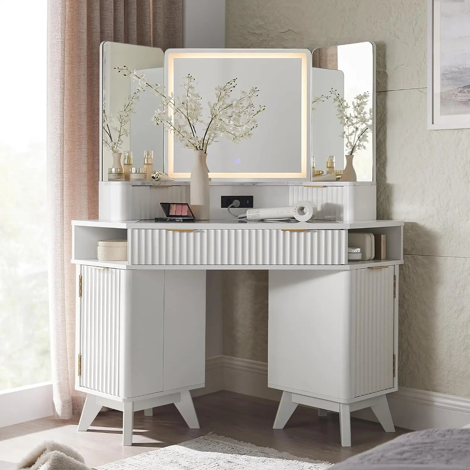 Fluted Makeup Vanity Desk with 3 Way Mirror and Lights