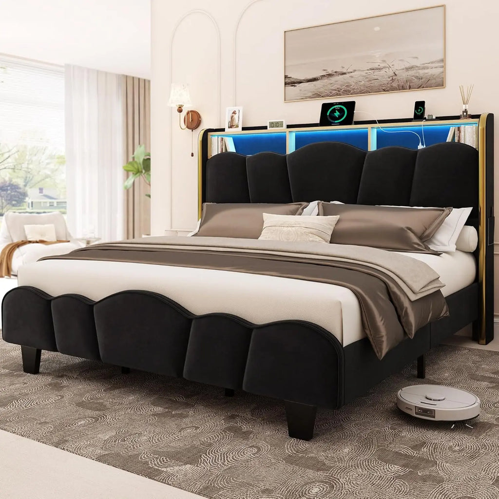 Velvet Upholstered  Bed Frame with LED Lights and Charging Station