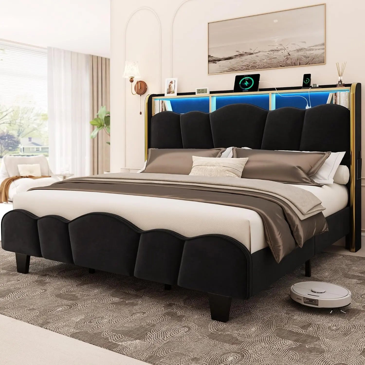 Velvet Upholstered  Bed Frame with LED Lights and Charging Station