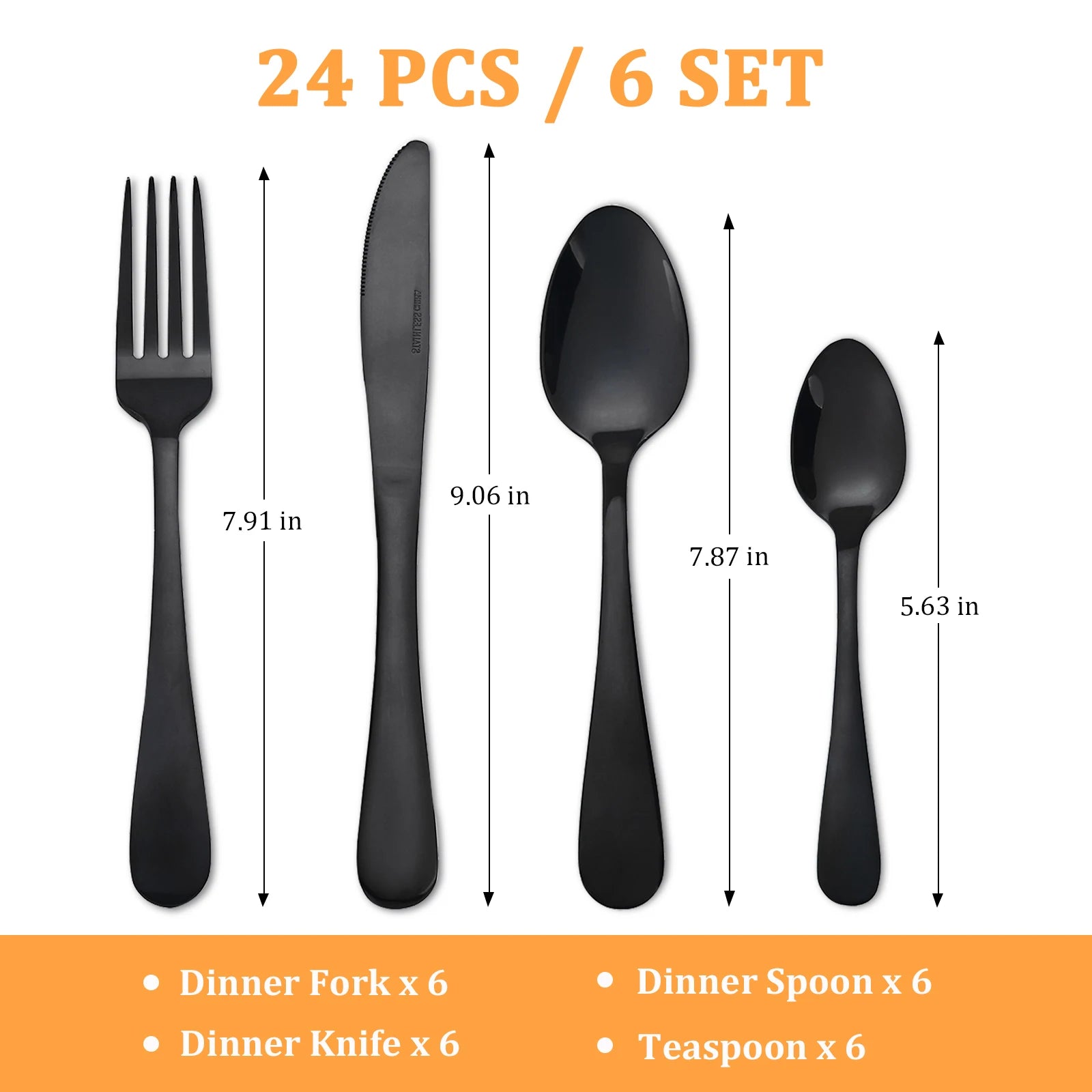 24 pcs Piece Silverware Set Black