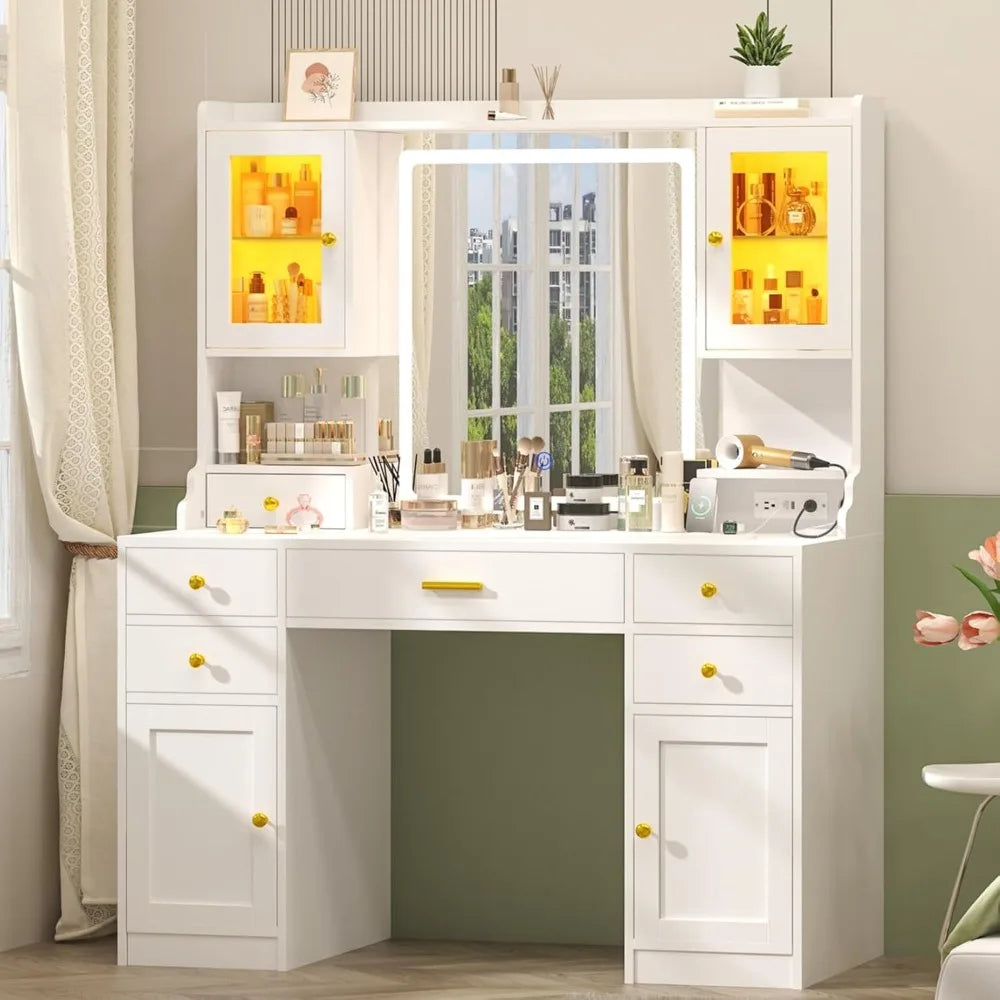 White Makeup Vanity Table with Charging Station, Mirror and Lights