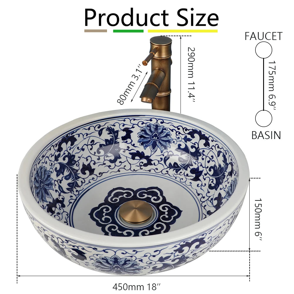Ceramic Bathroom Round Vessel Sink Faucet Combo with Mixer Tap