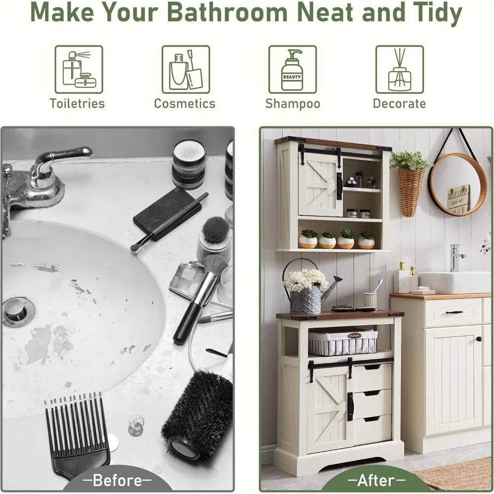 Bathroom Floor Cabinet w/Sliding Barn Door & Storage Drawers