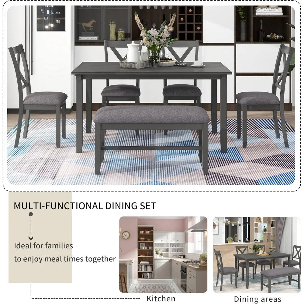 6-piece rectangular wooden kitchen dining set with 4 cushioned chairs and 1 bench