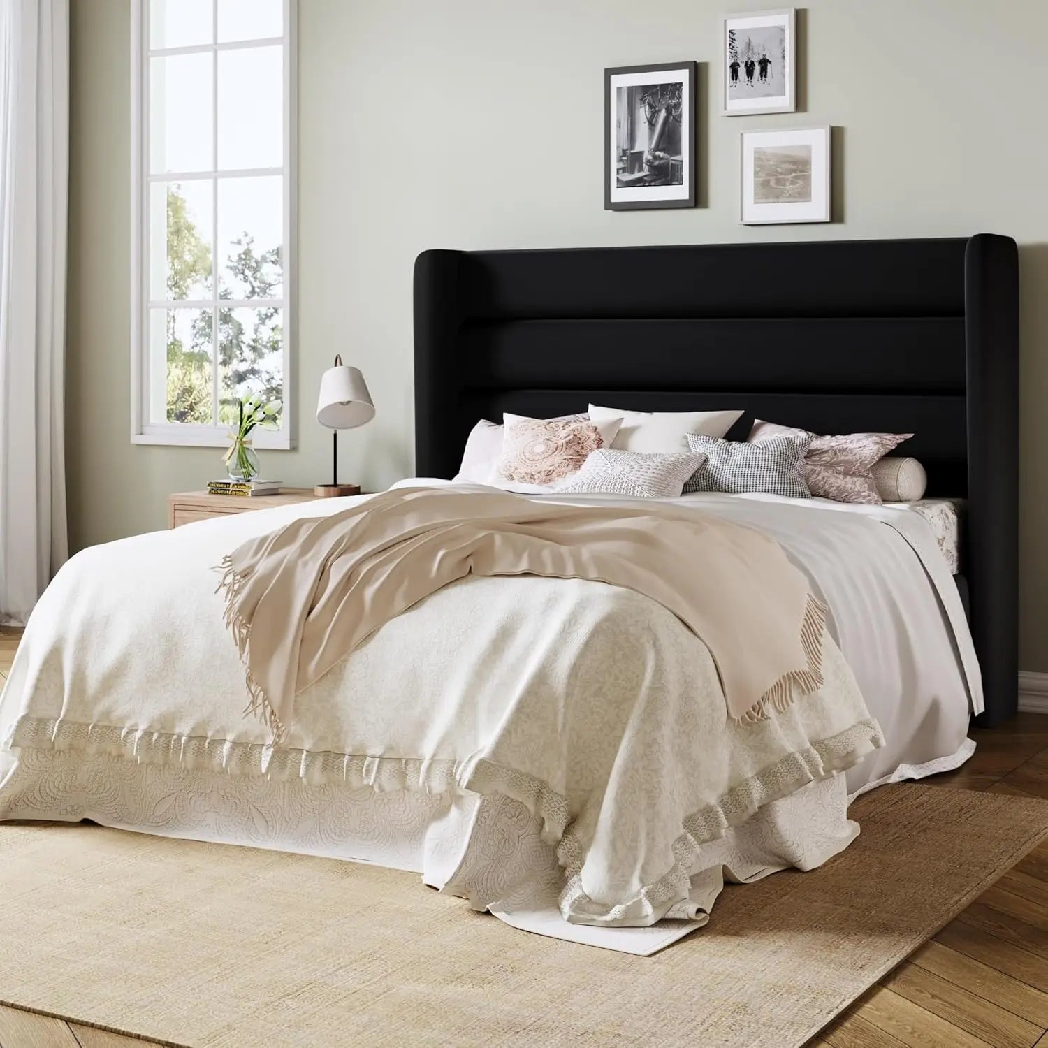 Queen/King Bed Frame with Velvet Upholstered Wingback Headboard