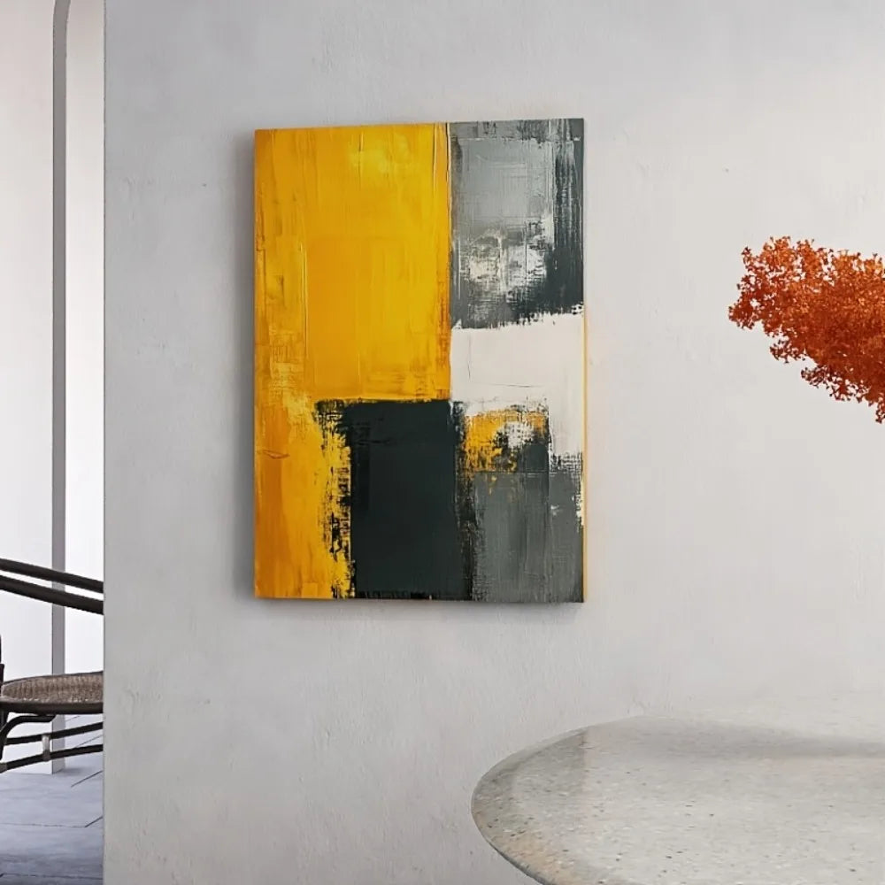 Abstract Art Canvas with Black, Yellow and Grey Geometric Patterns