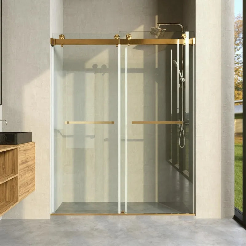 Brushed Gold Shower Door Frameless, 50-54" W Towel Bar/10mm Clear Glass