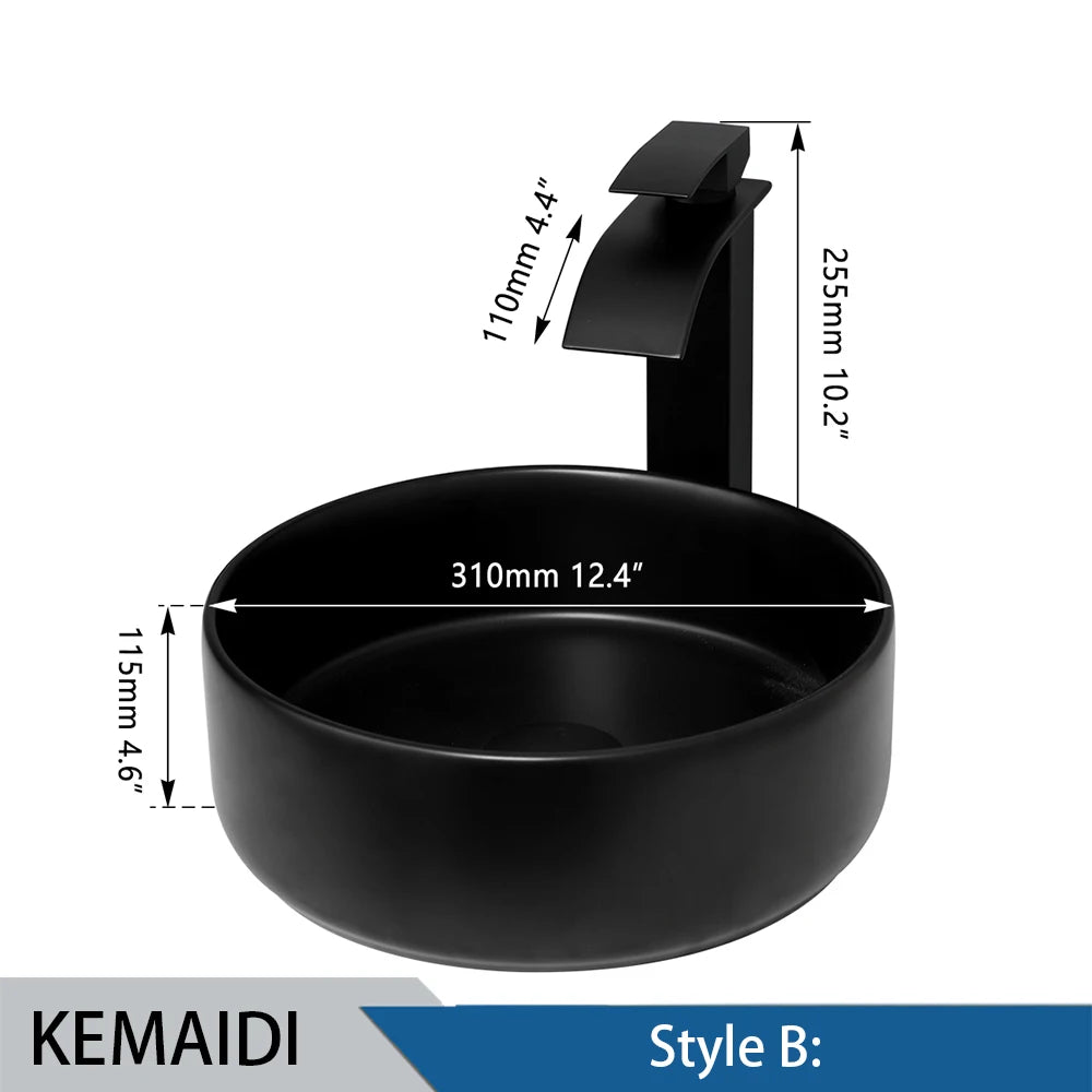Matte Black Bathroom Ceramic Washing Bowl Sink w/Faucet Mixer Tap Set