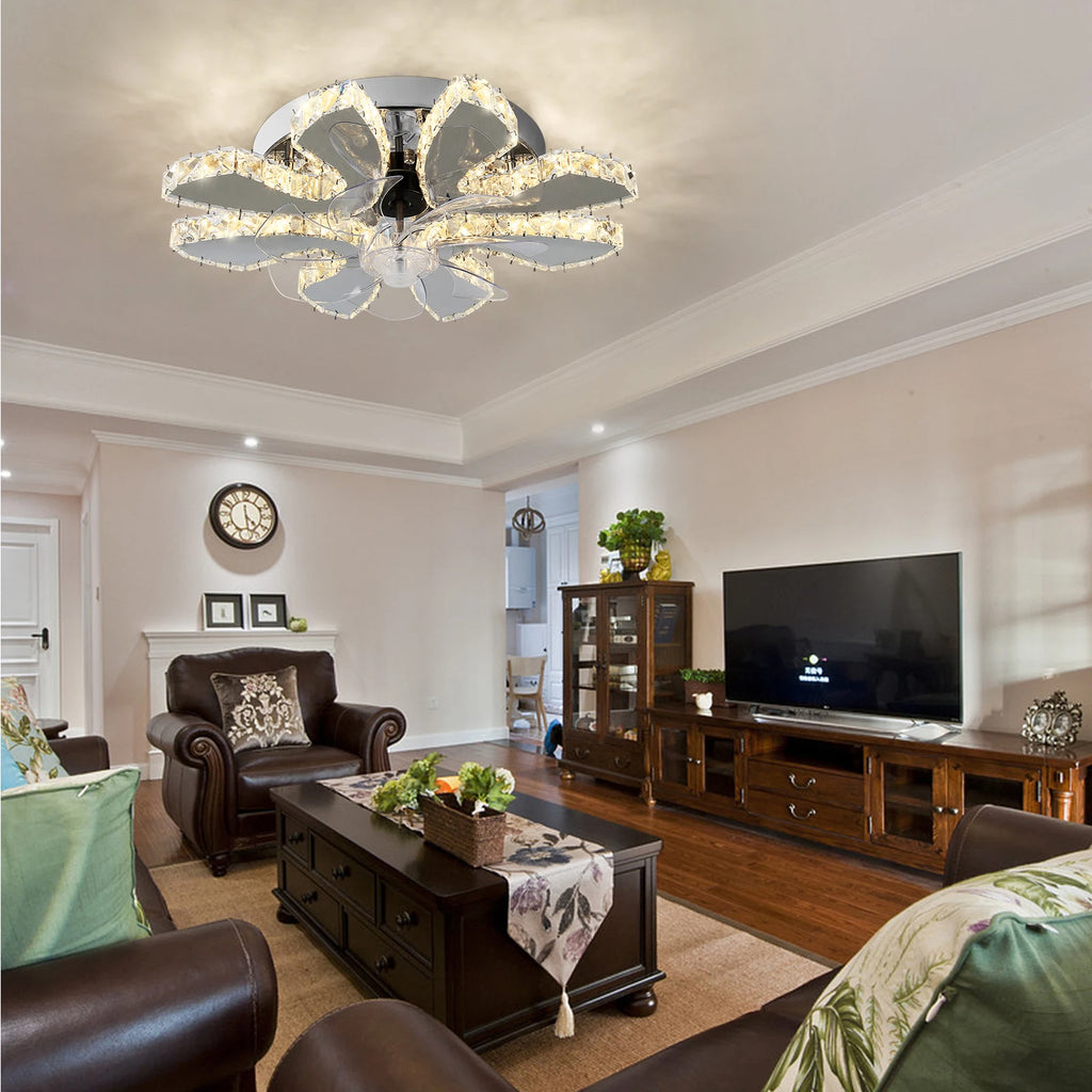 Modern Luxury Crystal ChandelierCeiling Fan Light Led Fan Lamp Smart APP RC