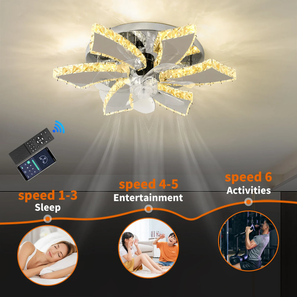 Modern Luxury Crystal ChandelierCeiling Fan Light Led Fan Lamp Smart APP RC