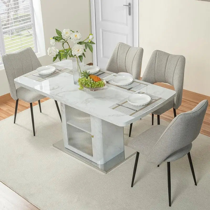 Expandable Square Dining Table with Printed White Marble Top and Storage Cabinet