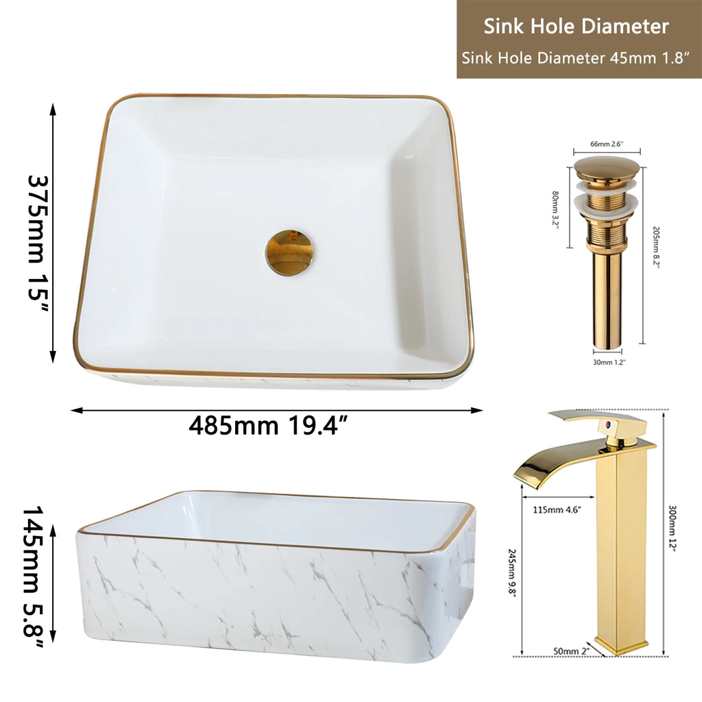 White Marbled Rectangular Ceramic Bathroom Vessel Sink with Gold Faucet