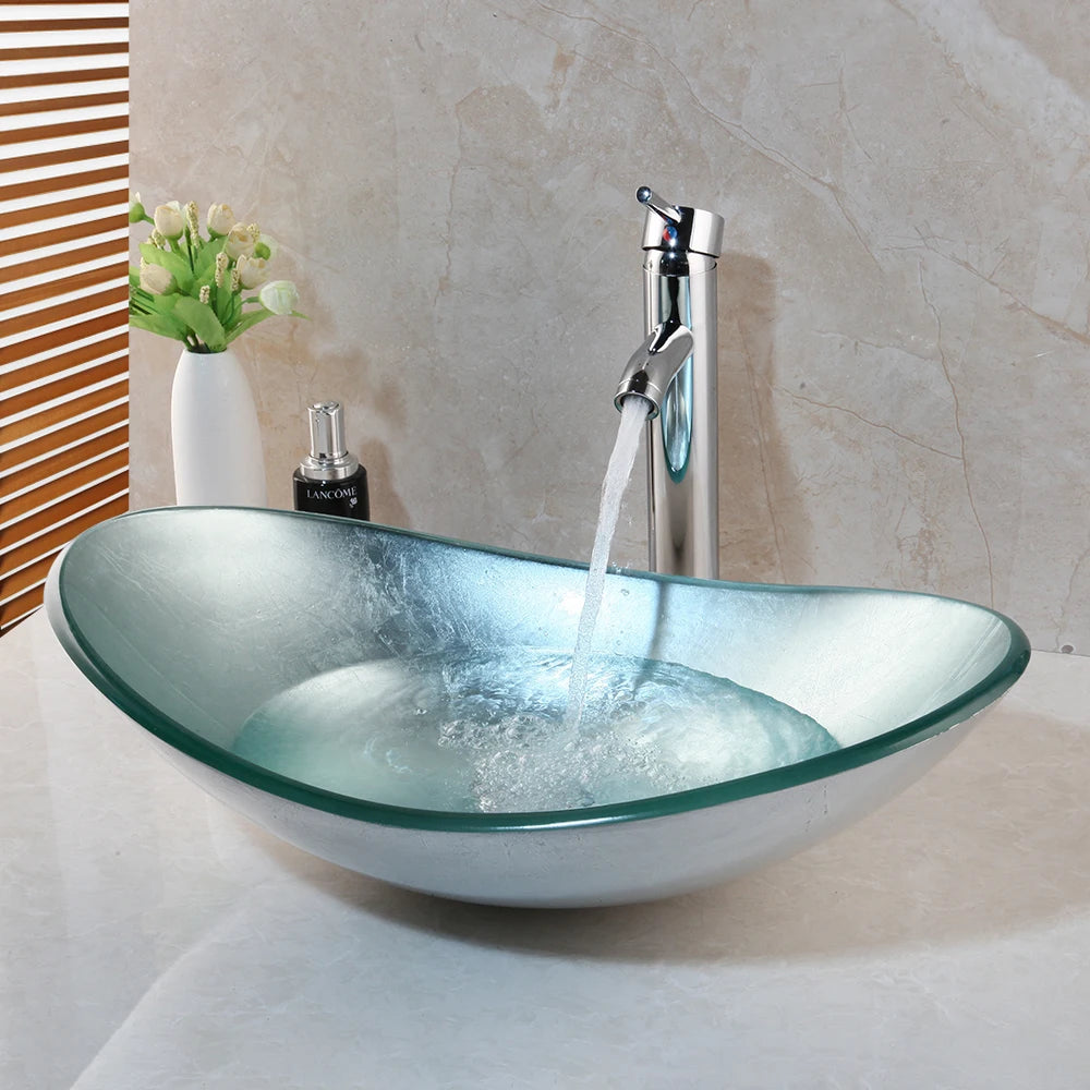 Tempered Glass Washbasin with Waterfall Faucet Mixer