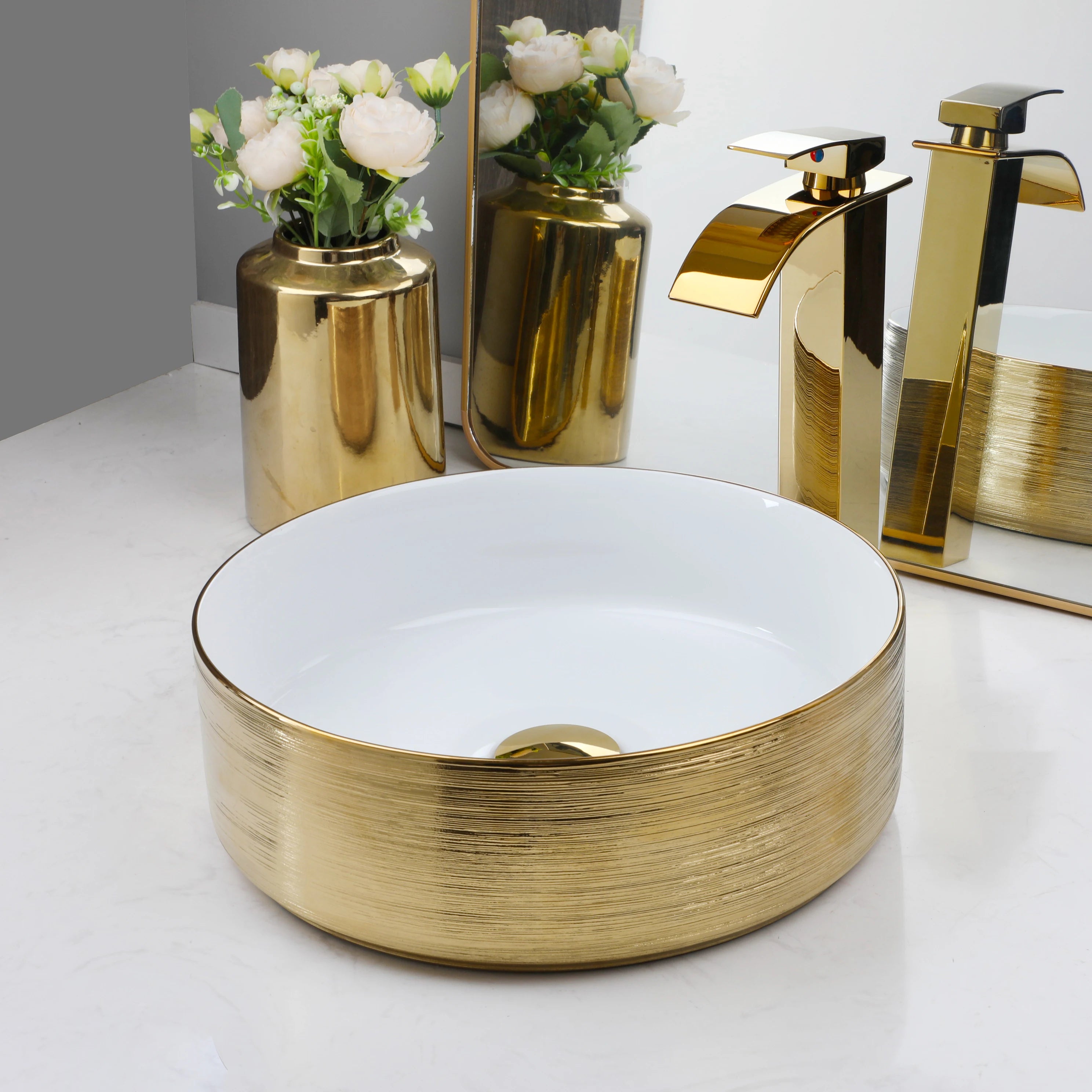 Gold Round Vessel Sink with Faucet (13.6x11.6”)
