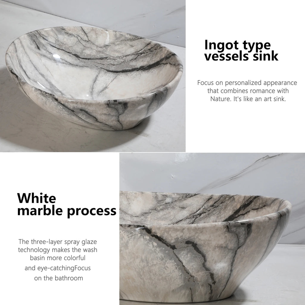 Marbling Oval Vessel Sink Bathroom Ceramic Sink Above Counter Porcelain Basin Bowl