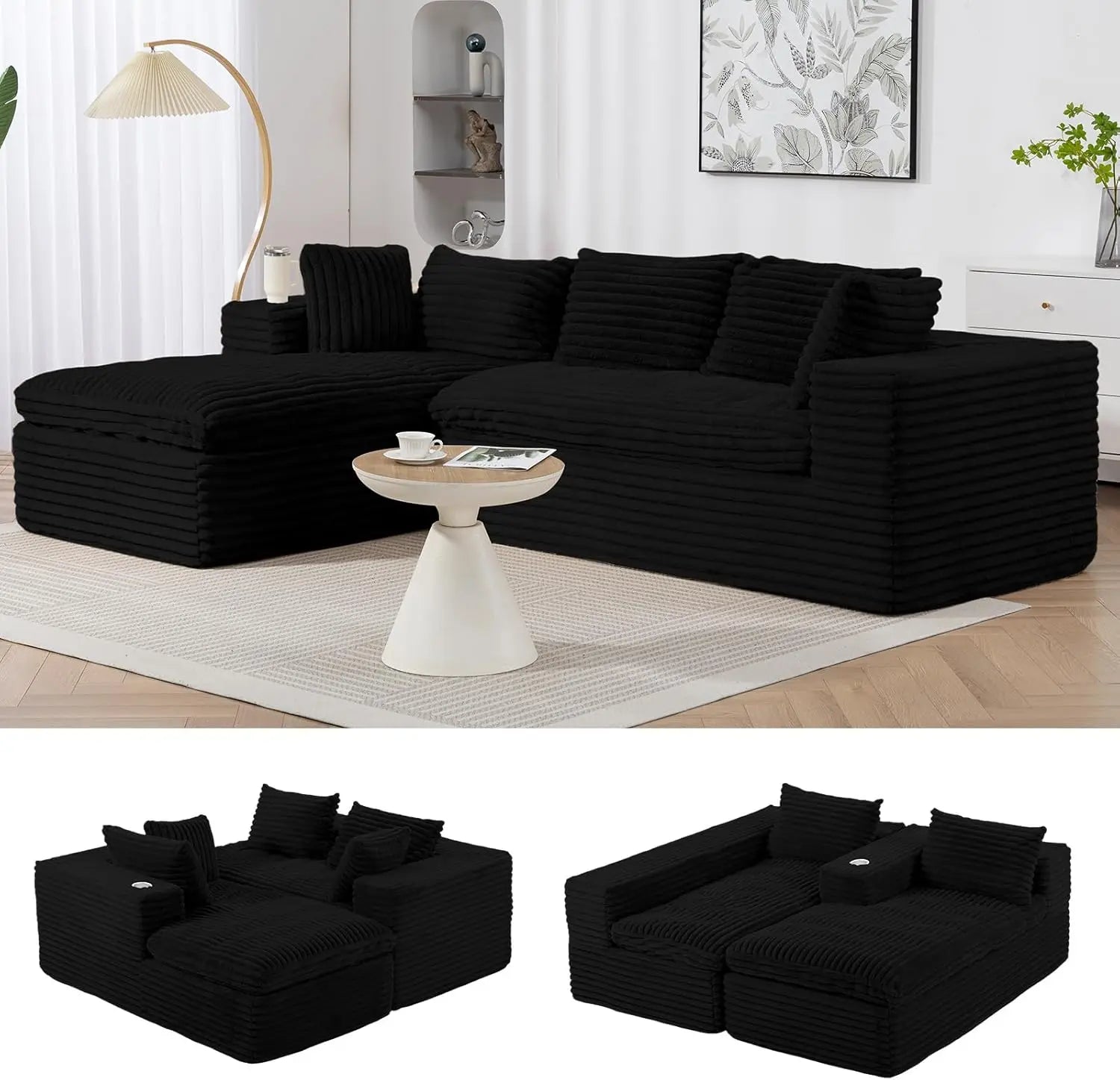 107'' Cloud Modular Sectional Sof,w/Chaise & Cup Holder