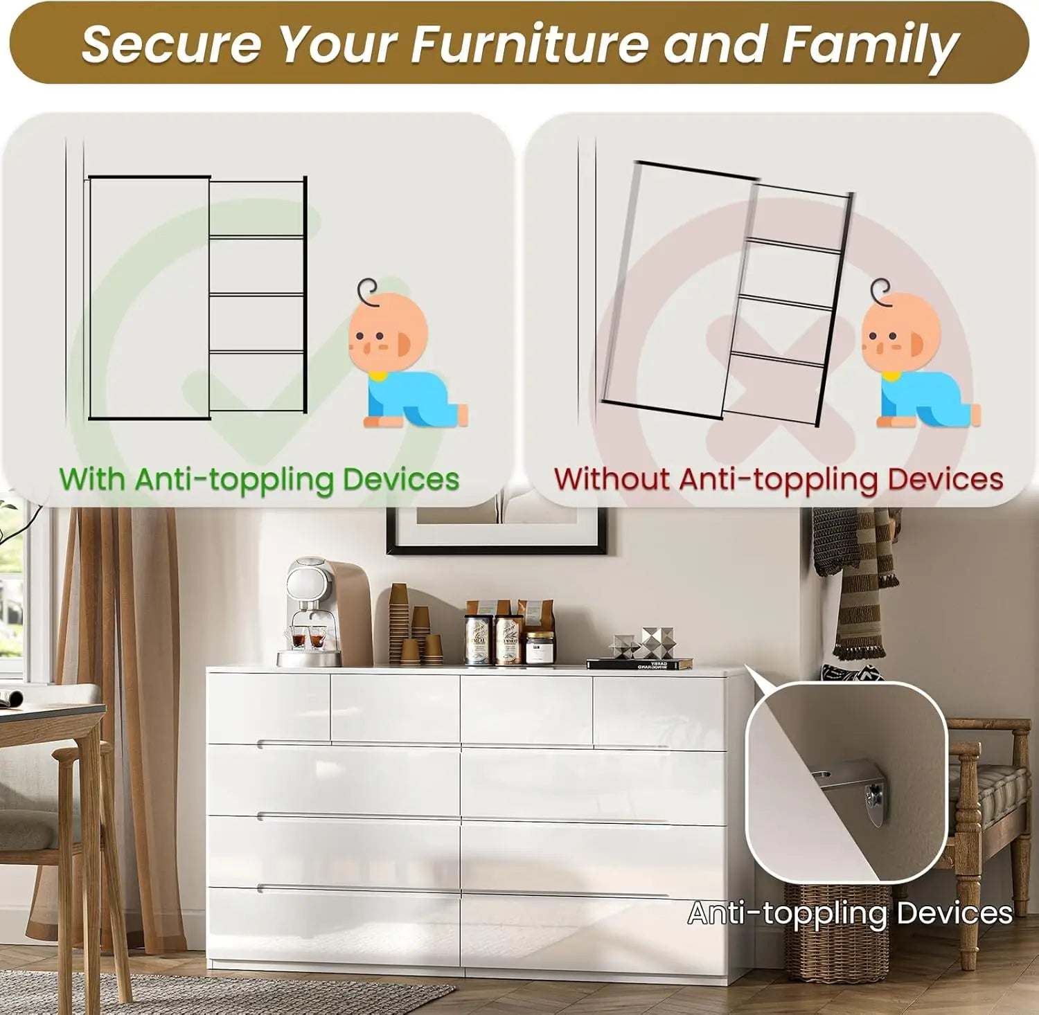 10 Drawer White High Gloss Modern Storage Dresser