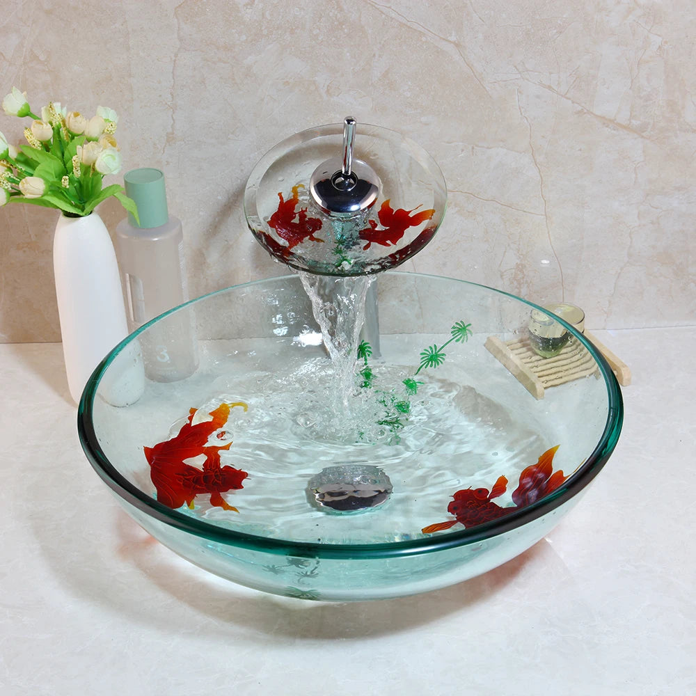 Tempered Glass Bathroom Basin Sink Faucet Combo w/Goldfish Pattern