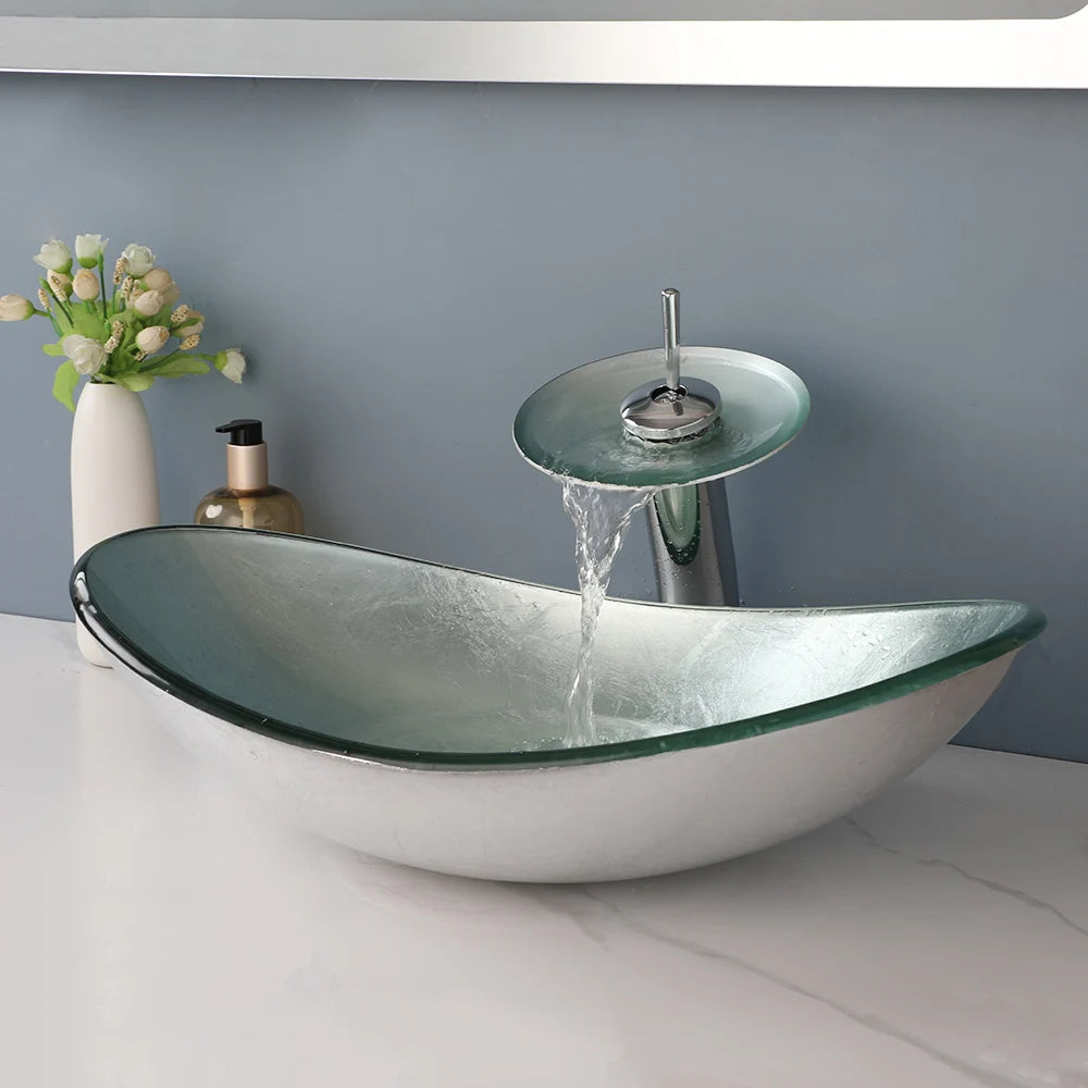 Tempered Glass Washbasin with Waterfall Faucet Mixer