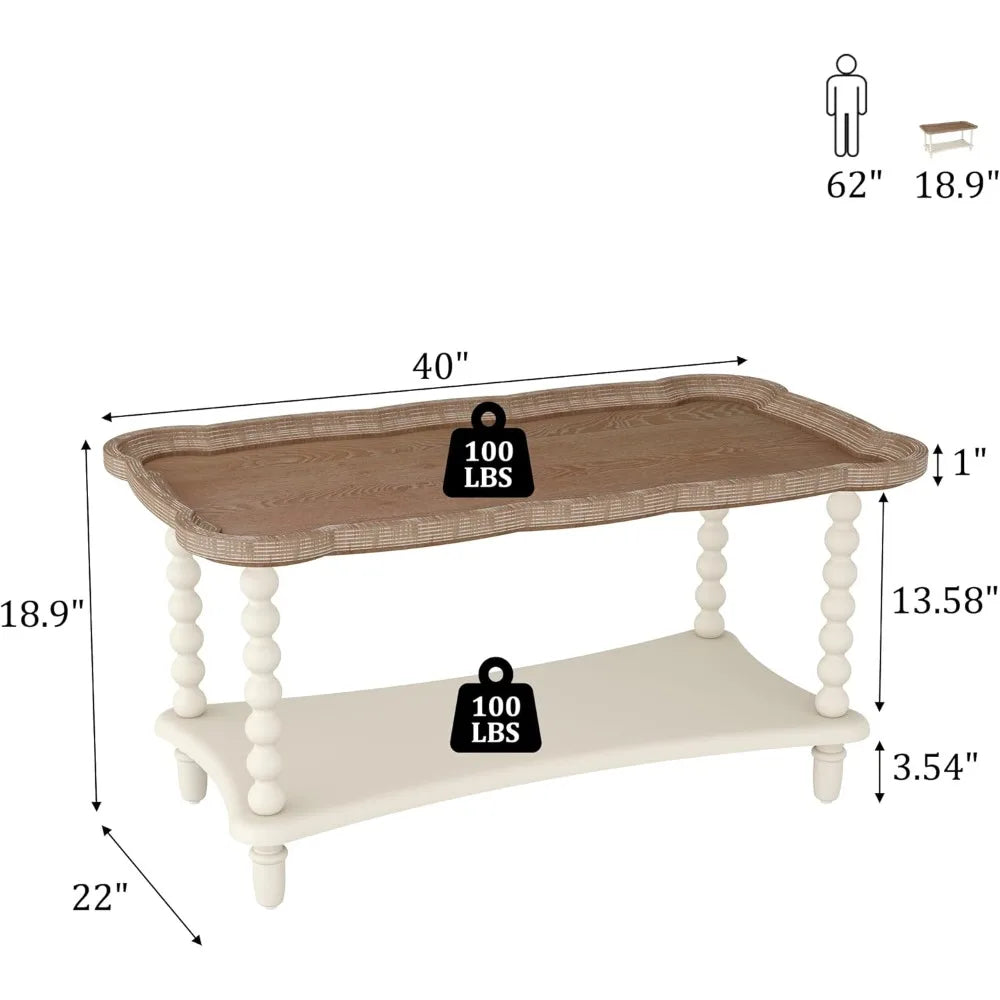 Rustic White French-Style Farmhouse Coffee Table with Storage Shelf for Living Room