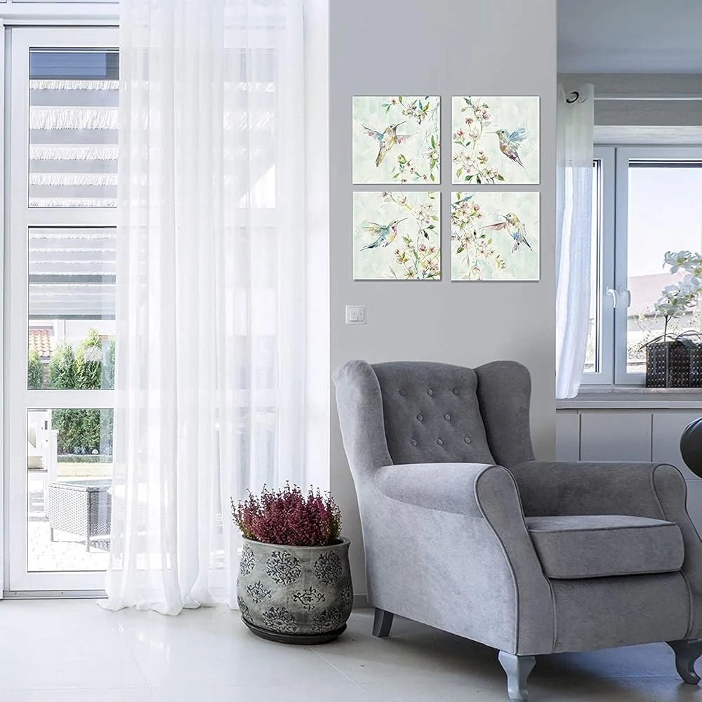 Hummingbird Spring Flowers Framed Canvas Wall Art (4 Panels Set)