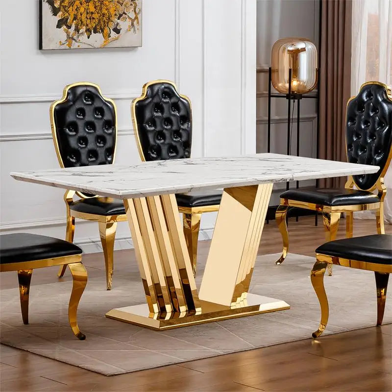 Rectangle Faux Marble Dining Table for 6 with Mirrored Stainless Steel Base