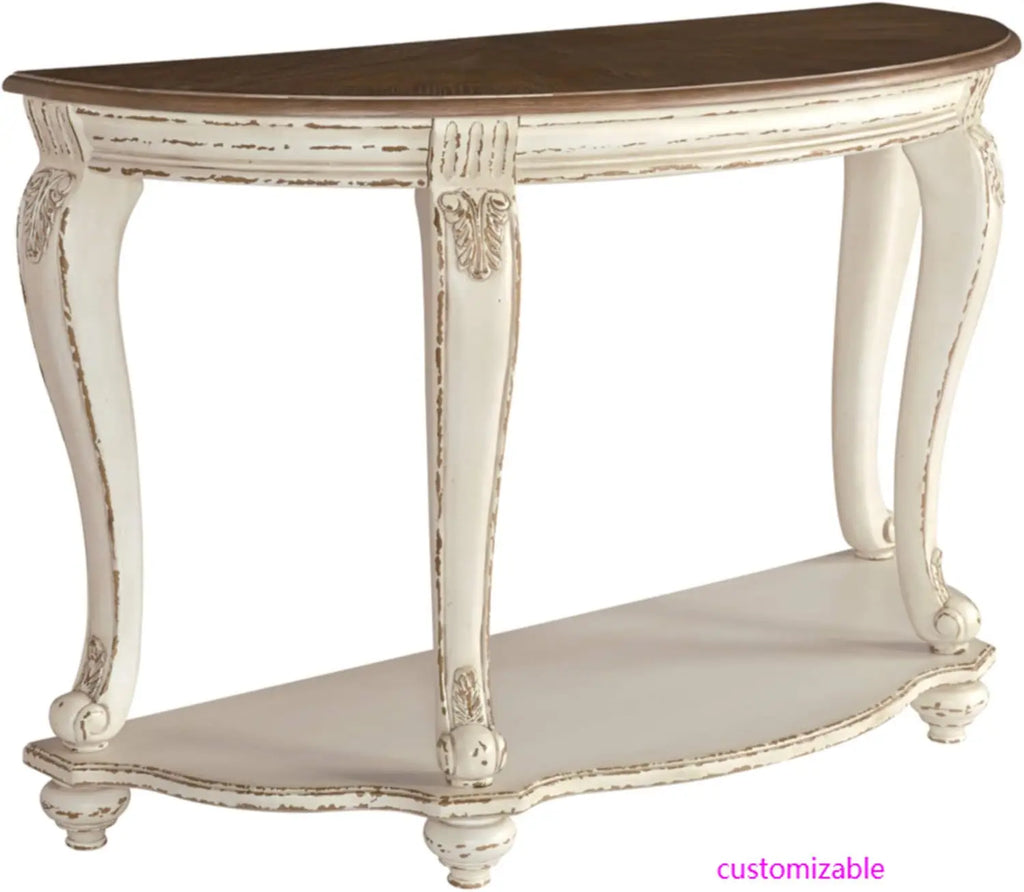 French Country Semi-Circle Console Table, White & Brown