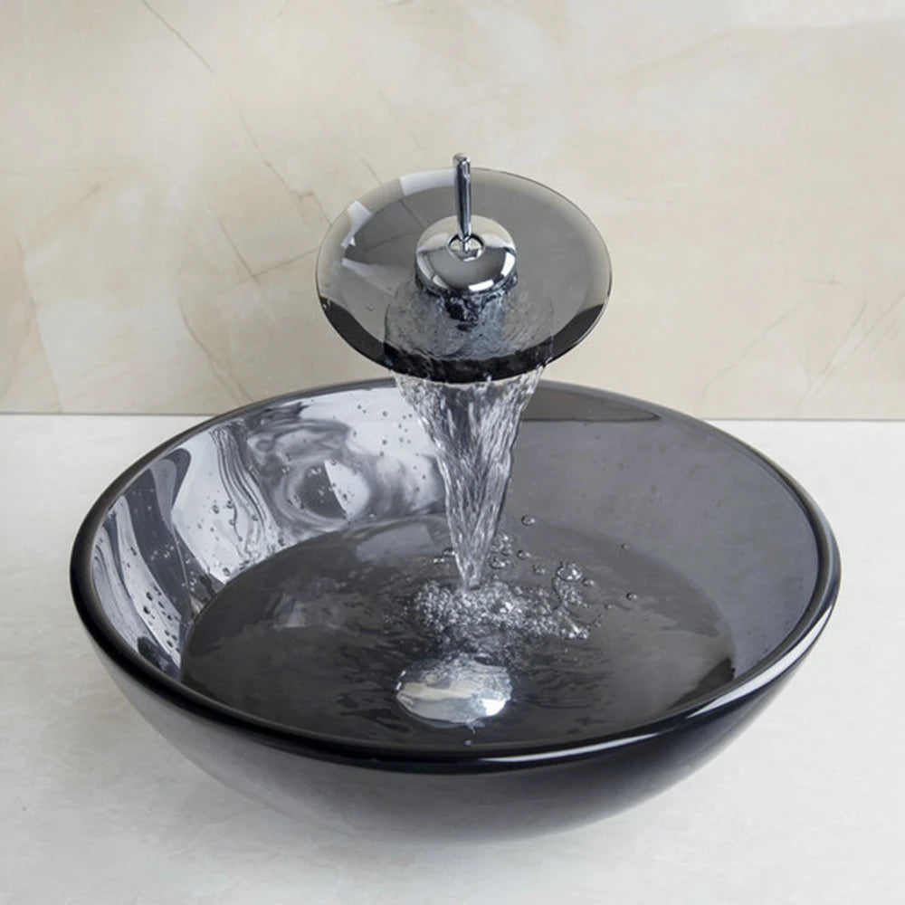 Tempered Glass Bathroom Grey Vessel Sink W/ Waterfall Faucet  Mixer