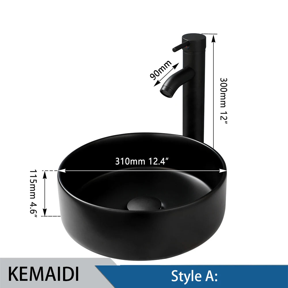 Matte Black Bathroom Ceramic Washing Bowl Sink w/Faucet Mixer Tap Set