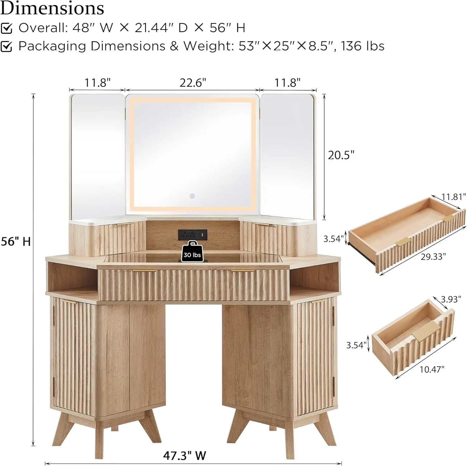 Fluted Makeup Vanity Desk with 3 Way Mirror and Lights