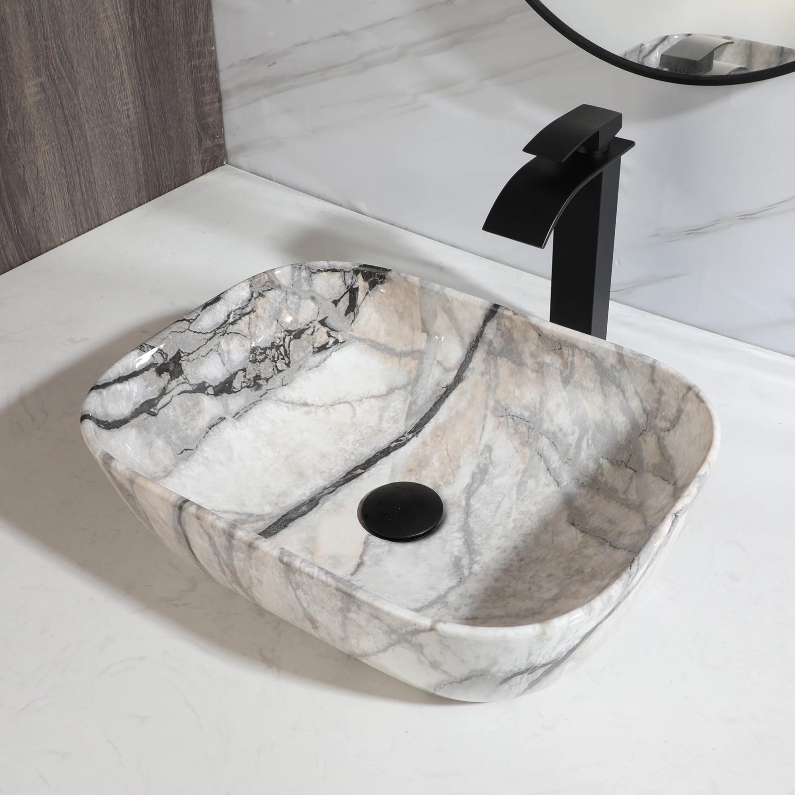 Imitation Marble Style Sink Set Ceramic Basin w/Black Sink Faucets
