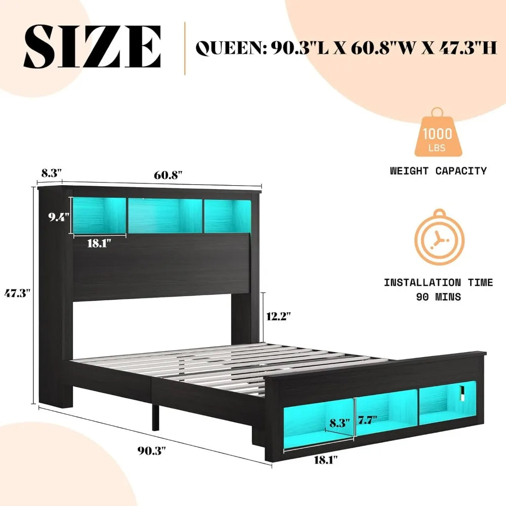 Queen Size Bed with Bookcase Storage Headboard and Footboard
