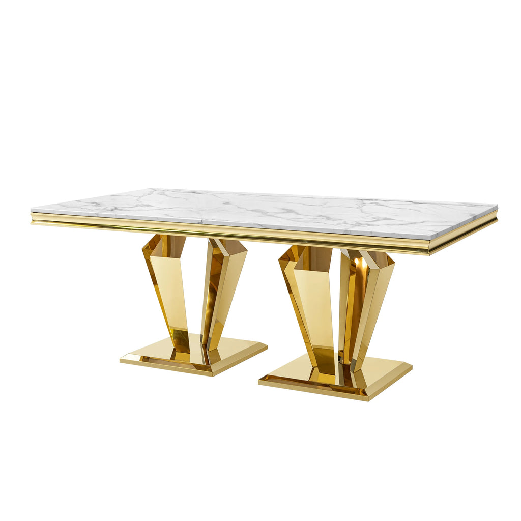 Rectangular MDF marble dining table with gold stainless steel base