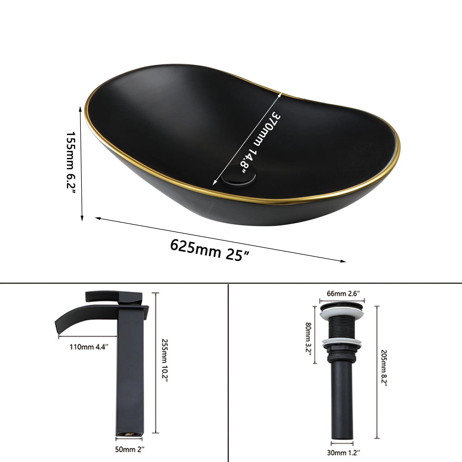 KEMAIDI Black Bathroom Sink with Gold Trim Oval Porcelain Vessel Sink with Faucet Drain Combo Above Counter Wash Basin Sink Bowl
