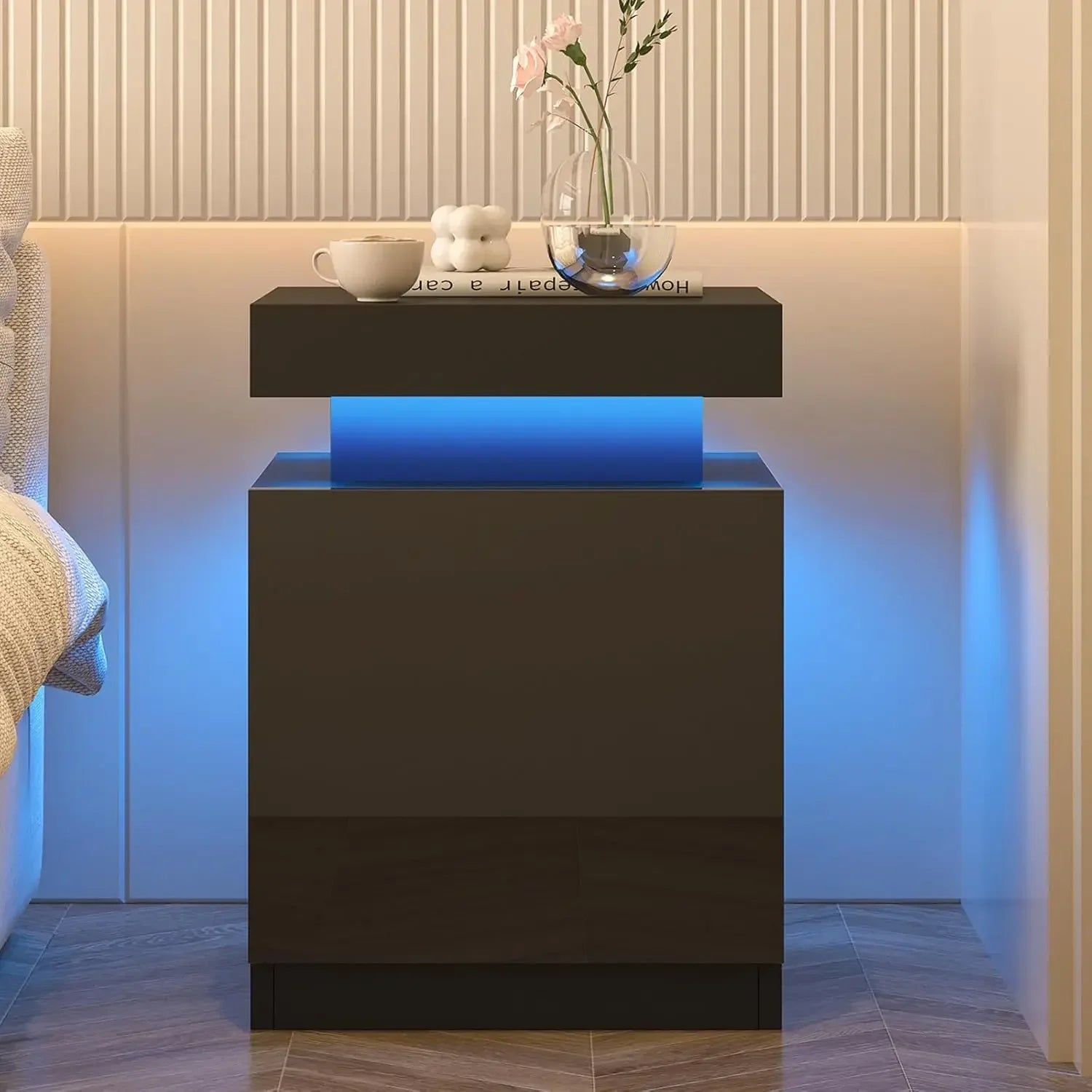 LED Nightstands Set of 2, Night Stand with Storage Cabinet