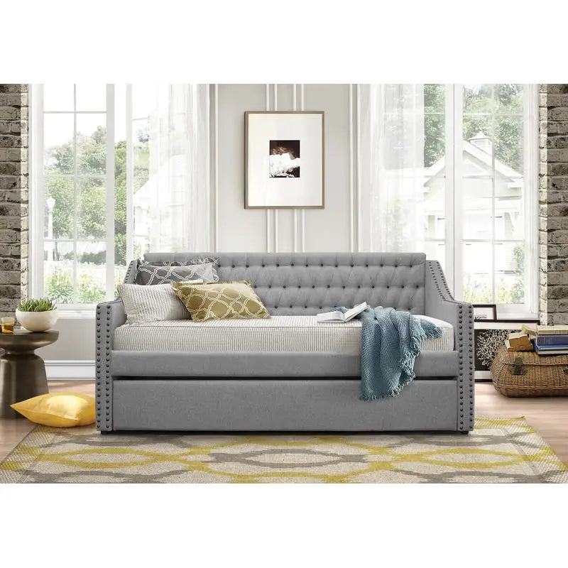 Gray Fabric Upholstered Sofa Bed with Trundle