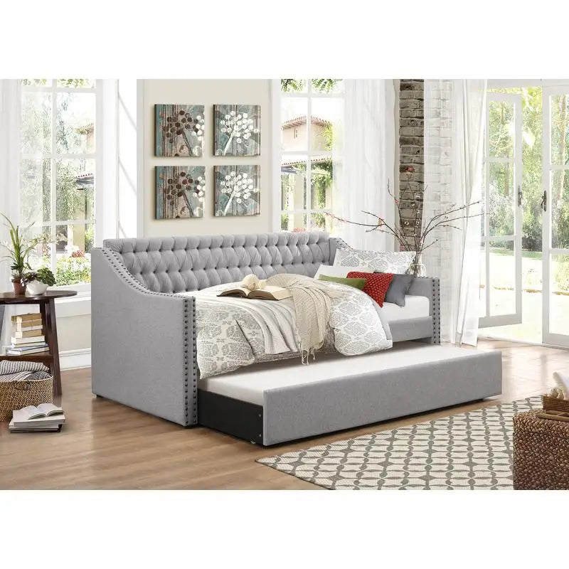 Gray Fabric Upholstered Sofa Bed with Trundle