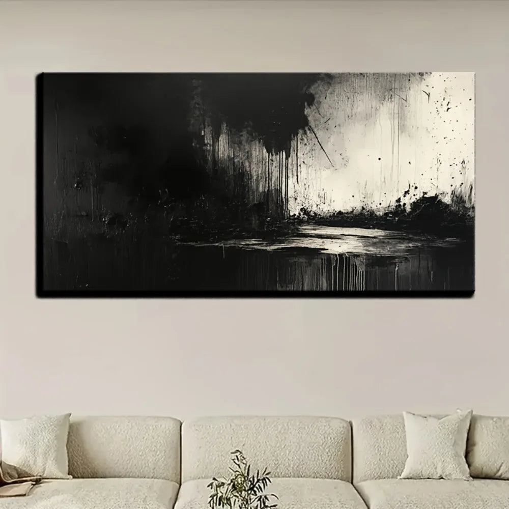 Large Black and Grey Abstract Canvas Wall Art w/pine solid wood frame