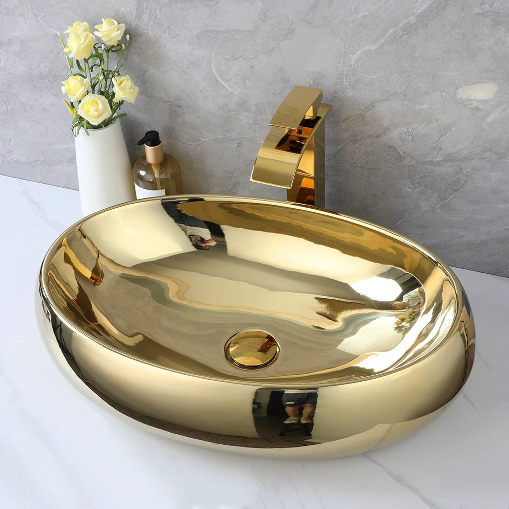 Gold Ceramic Bathroom Vessel Sink  Sink Bowl w/ Waterfall Faucet and Drain Combo