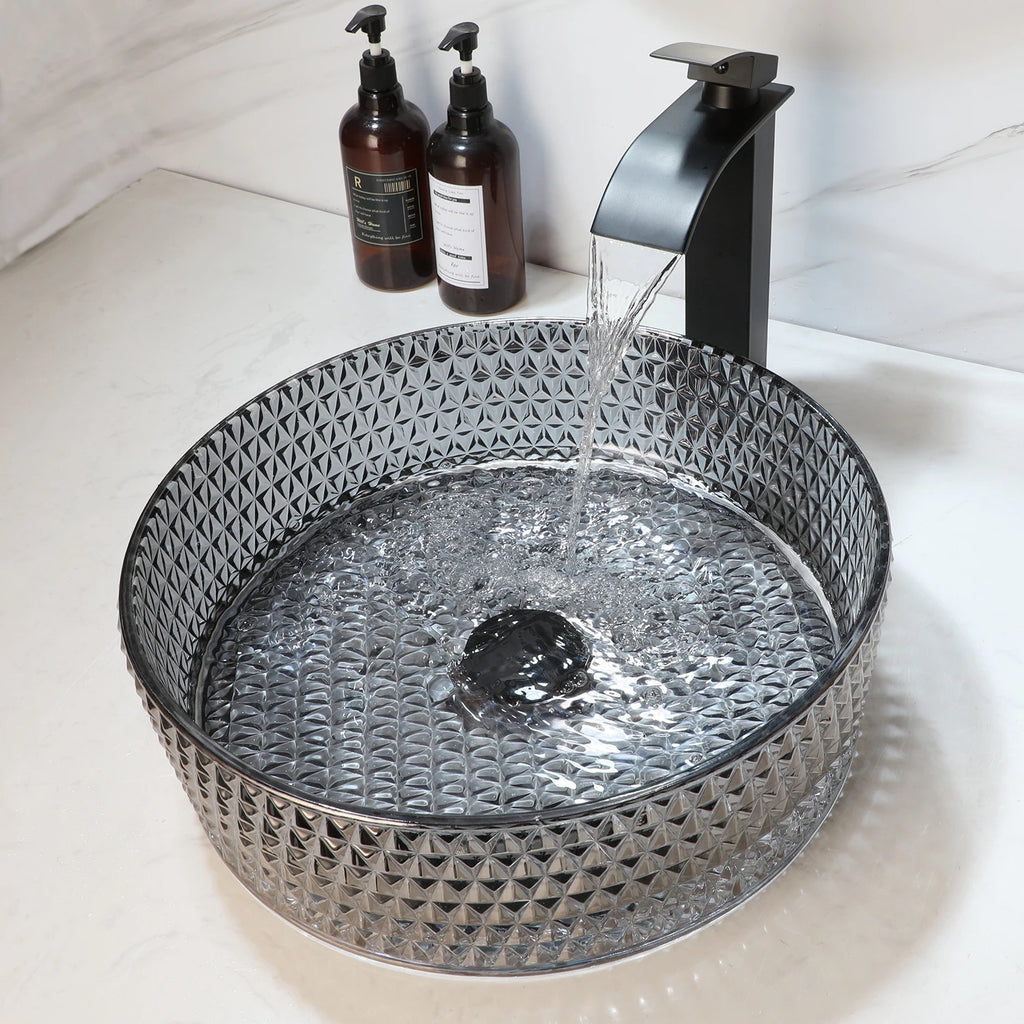 Crystal Grey Tempered Glass Basin Bowl with Faucet